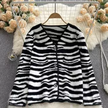 RUGOD Возрастной Свободный кардиган в западном стиле с узором зебры и v-образным вырезом, свитер, пальто, женский топ с длинными рукавами на раннюю осень