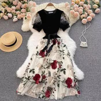 RUGOD Высококачественная женская одежда, сетчатое трикотажное платье средней длины с вышивкой для тяжелой промышленности, женское платье 2022, лето S