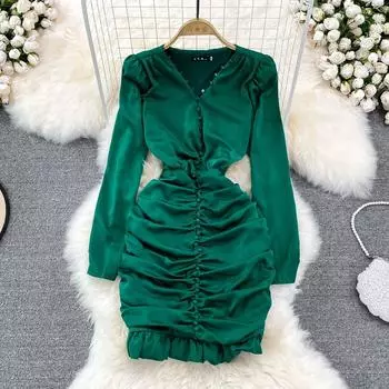 RUGOD Высококачественное сексуальное платье с v-образным вырезом, новинка весны 2022, тонкое плиссированное короткое платье с рюшами и запахом на бедре, однобортное One Size белый