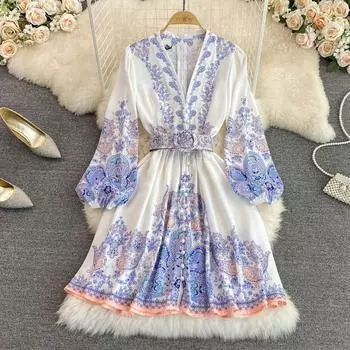 RUGOD Высококачественное темпераментное свободное платье трапециевидной формы с длинными рукавами и v-образным вырезом в морском праздничном стиле, летнее платье