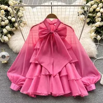 RUGOD Высококачественный женский топ, новинка весны 2022, французская ниша, элегантная темпераментная милая шифоновая рубашка с длинными рукавами One Size зелёный