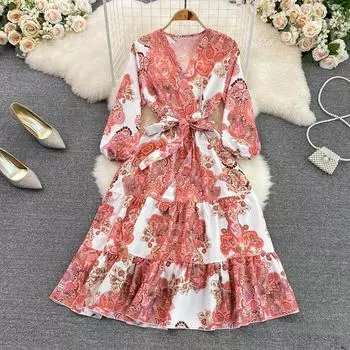 RUGOD весенне-осеннее легкое и знакомое стильное платье трапециевидной формы с рюшами и v-образным вырезом на талии, элегантное длинное платье с длинными рукавами