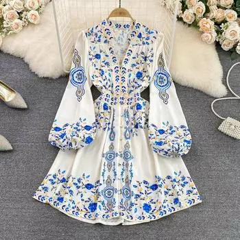 RUGOD весенне-осеннее модное платье с v-образным вырезом в национальном стиле и пуговицами, платье с тонкой талией, женственное элегантное платье с длинными рукавами, Vestido