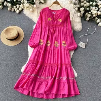 RUGOD весенне-осеннее новое богемное праздничное платье, женское свободное платье с объемными рукавами, большая версия, платье средней длины One Size синий