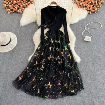 RUGOD весенне-осеннее облегающее длинное платье в стиле Хепберн во французском стиле с тонкой талией, трикотажное платье с вышивкой и блестками S чёрный