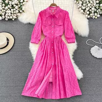 RUGOD весенне-осеннее темпераментное платье в стиле ретро с лацканами и пузырьковыми рукавами, вышитые полые платья с разрезом на крючках, платья с высокой талией для женщин