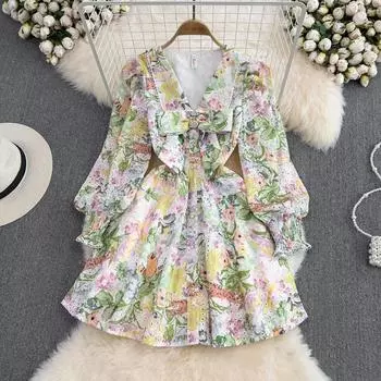 RUGOD весенне-осеннее тонкое однобортное платье трапециевидной формы с рукавами-фонариками и v-образным вырезом на талии, женское однобортное платье трапециевидной формы на весну и осень