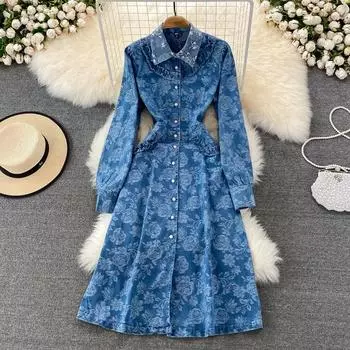 RUGOD весенне-осеннее жаккардовое джинсовое платье в стиле ретро, модное однобортное платье с утягивающим талией, элитное повседневное длинное платье M синий