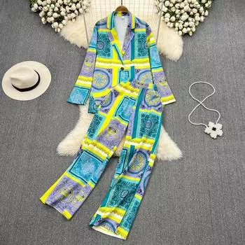 RUGOD весенне-осенний модный костюм, женская свободная рубашка с длинными рукавами и принтом + повседневные тонкие брюки с высокой талией, комплекты из двух предметов