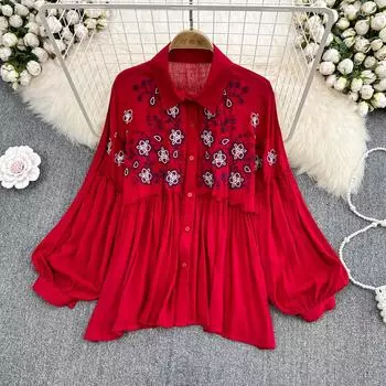 RUGOD весенне-осенний свободный топ из хлопка и льна в стиле ретро в этническом стиле с вышивкой, однобортная женская рубашка с рукавами-фонариками