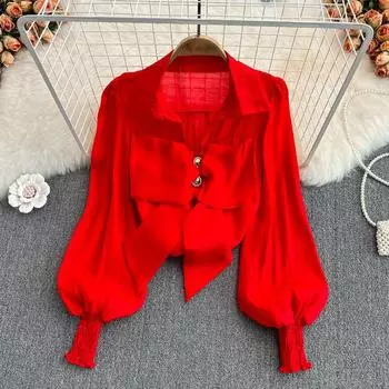 RUGOD весенне-осенний винтажный Гонконгский стиль, украшение с бантом, стареющая милая свободная рубашка, женская мода, повседневный топ с рукавами-фонариками