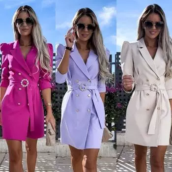 RUGOD весеннее и летнее женское платье в европейском и американском стиле с пышными рукавами и лацканами на талии, платье с поясом и поясом S бежевый