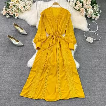 RUGOD весеннее и осеннее темпераментное платье с v-образным вырезом в стиле ретро, элегантные женские платья с высокой талией, пляжное праздничное длинное платье