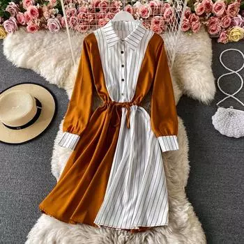 RUGOD весеннее новое модное тонкое платье-рубашка с талией и длинными рукавами, полосатое платье средней длины для женщин One Size чёрный