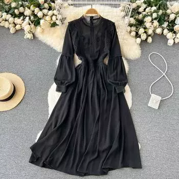 RUGOD, весеннее новое стильное легкое длинное платье с кружевной строчкой в зрелом стиле, женское тонкое и высококачественное свободное свободное платье с круглым вырезом M чёрный