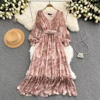 RUGOD весеннее винтажное платье с цветочным принтом, темпераментное платье с v-образным вырезом на талии, тонкое и элегантное, стареющее, супер фея, платье длиной до колена с листьями лотоса