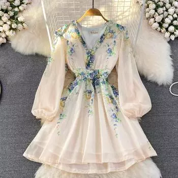 RUGOD весеннее высококачественное темпераментное женское платье трапециевидной формы с v-образным вырезом и листьями лотоса, рукавами-фонариками на талии и тонким принтом