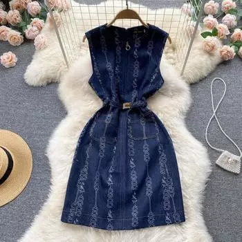 RUGOD весеннее женственное темпераментное тонкое джинсовое жаккардовое платье без рукавов с круглым вырезом и молнией M синий