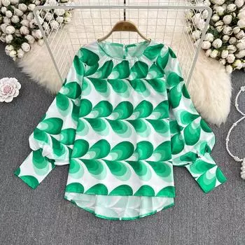 RUGOD весенний легкий знакомый стиль круглый вырез с геометрическим узором-фонариком и длинными рукавами свободный пуловер рубашка женский шикарный топ