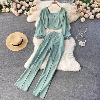 RUGOD весенний модный комплект из двух предметов, женские короткие топы с квадратным воротником и длинными рукавами + широкие брюки с высокой талией, офисные женские костюмы