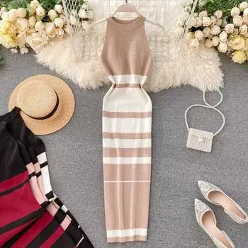 RUGOD весенний наряд богини, сексуальное платье с бретелькой на шее и открытыми плечами, модное полосатое вязаное платье на бедрах с цветными блоками, женственное платье One Size чёрный