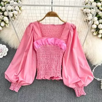 RUGOD весенний новый стиль в гонконгском стиле, винтажный квадратный воротник, тонкая плиссированная рубашка с рукавами-фонариками, женский шикарный короткий топ