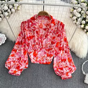 RUGOD, весенняя корейская версия, маленький свежий пуловер с рукавами-фонариками и цветочным принтом, женская короткая рубашка с v-образным вырезом