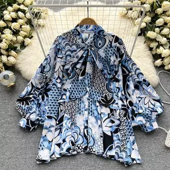 RUGOD, весенняя новая шифоновая рубашка с принтом в европейском и американском стиле, женская свободная рубашка с длинными рукавами в ленивом стиле