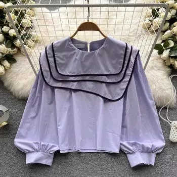 RUGOD, весенняя новинка, стареющая, темно-синяя, стильная, дизайнерская, с большим лацканом, контрастного цвета, свободная, свободная тонкая рубашка с длинными рукавами, модная