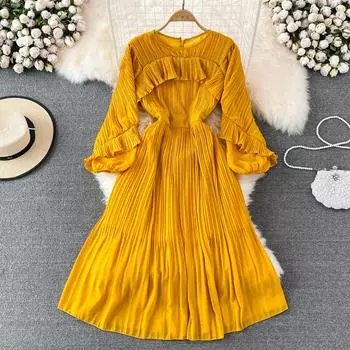 RUGOD, весна 2022, элегантное ретро-темпераментное темпераментное длинное платье с вышивкой в виде листьев лотоса и круглым вырезом на талии, тонкое плиссированное платье, большое свободное платье One Size