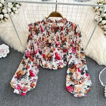 RUGOD, весна 2022, корейский пуловер с воротником-стойкой, свободная плиссированная шифоновая рубашка с рюшами, женская блузка в иностранном стиле с длинными рукавами и цветочным принтом