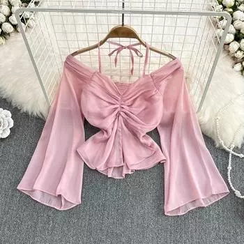 RUGOD, весна 2022, модная сексуальная шифоновая рубашка с v-образным вырезом и открытыми плечами, женская зарубежная шикарная короткая трендовая рубашка