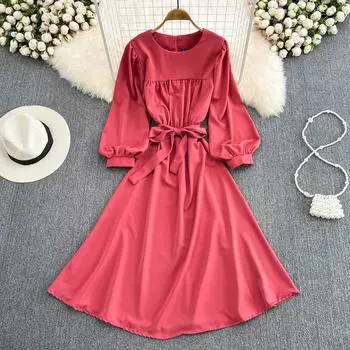 RUGOD, весна 2022, модное платье с круглым вырезом и галстуком-бабочкой на шнуровке на талии, с объемными рукавами, элегантное темпераментное длинное платье с большими качелями One Size бежевый