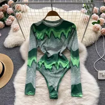 RUGOD, весна 2022, новая модная футболка с круглым вырезом и принтом, тонкий гофрированный обтягивающий универсальный комбинезон с длинными рукавами, женский комбинезон
