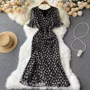 RUGOD винтажная маленькая черная юбка, новое летнее стильное темпераментное облегающее платье средней длины с цветочным принтом «рыбий хвост», женское платье