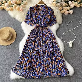 RUGOD винтажное платье с цветочным принтом, новое летнее стильное женское модное плиссированное платье трапециевидной формы с тонкой талией
