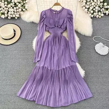 RUGOD, винтажное вечернее платье в французском стиле, тонкое платье с рюшами и длинными рукавами, высокой талией, элегантные длинные платья в стиле «качели»