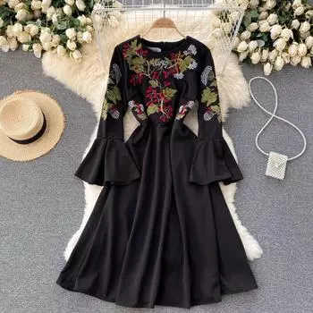 RUGOD винтажное женское платье с цветочной вышивкой, черное платье макси с круглым вырезом и расклешенными рукавами, с высокой талией, женское модное платье 2022 г.
