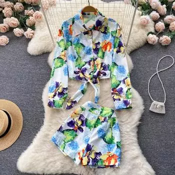 RUGOD воротник-поло с короткими рукавами и длинными рукавами, женский костюм с масляной живописью и принтом, широкие шорты, модный комплект из двух предметов