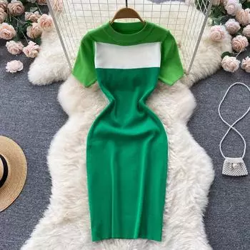 RUGOD вязаное платье контрастного цвета с круглым вырезом, женское летнее платье 2022, новое облегающее и утягивающее платье