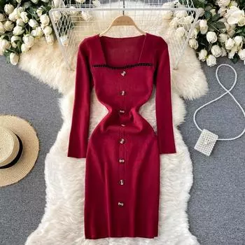 RUGOD вязаное платье осень-зима новый стиль квадратный воротник на пуговицах средней длины облегающие женские платья с запахом снизу One Size чёрный