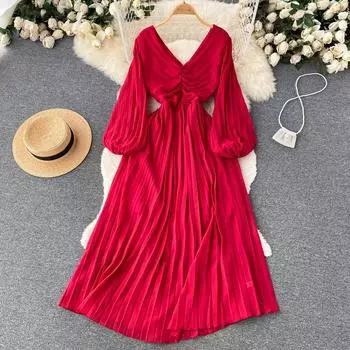 RUGOD высококачественное красное темпераментное платье с v-образным вырезом и рукавами-фонариками, летнее женское длинное платье с французской талией