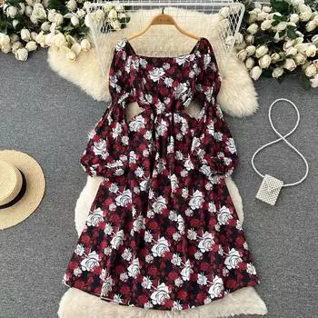 RUGOD, высококачественное легкое и зрелое платье с квадратным вырезом, летнее женское платье с пышными рукавами и цветочным принтом для отдыха у моря