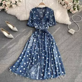 RUGOD высококачественное однобортное джинсовое платье с v-образным вырезом на талии и тонким однобортным платьем в горошек, элегантное длинное платье большого размера, лето 2022