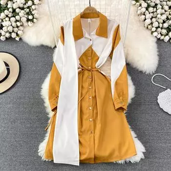 RUGOD высококачественное платье-рубашка средней длины в тон, весна 2022, весеннее модное однобортное платье трапециевидной формы с талией