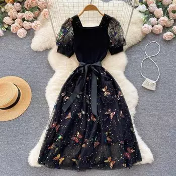 RUGOD высококачественное платье с пышными рукавами, летнее женское длинное платье трапециевидной формы с квадратным вырезом и бантом на талии