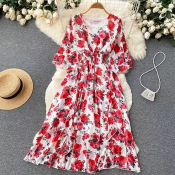 RUGOD высококачественное платье с талией и тонким v-образным вырезом для холодного ветра, летнее женское шикарное французское красивое платье миди с цветочным принтом One Size чёрный