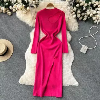 RUGOD высококачественное полое вязаное платье с длинными рукавами, осеннее женское платье, сумка с разрезом на талии, хип-платье One Size бежевый