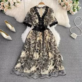 RUGOD высококачественное сетчатое кружевное платье с v-образным вырезом для похудения и талии, элегантное темпераментное длинное платье с большими качелями S бежевый