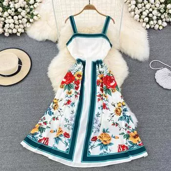 RUGOD, высококачественное темпераментное платье-топ на подтяжках, летнее женское платье трапециевидной формы без рукавов с высокой талией и открытой спиной с принтом на талии